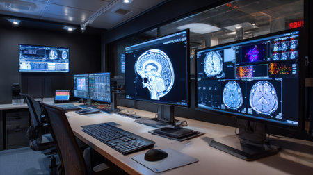 A modern radiology lab showcasing advanced medical imaging technology with high-resolution monitors displaying detailed brain scans and data.の素材
