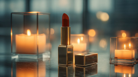 This captivating image features a striking red lipstick elegantly placed amidst glowing candles, creating a warm and inviting atmosphere. Perfect for beauty and fashion themes.の素材
