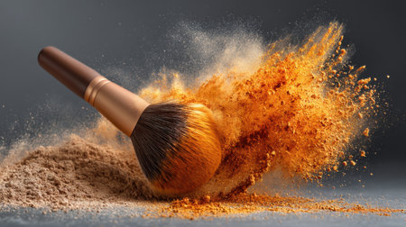 A stunning makeup brush displacing vibrant orange powder against a dark background, creating an eye-catching artistic portrayal of beauty.の素材