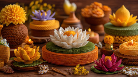 A serene and colorful collection of handcrafted candle holders and decorative flowers, creating a cozy and inviting atmosphere in a rustic setting.の素材