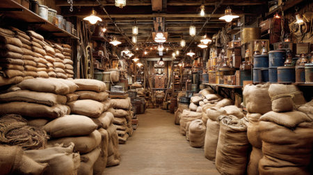 This rustic warehouse interior features sacks, barrels, and vintage items, creating a warm and inviting atmosphere ideal for historical or rural themes.の素材