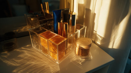 A stylish cosmetics organizer filled with luxurious beauty products glows in soft morning light, creating an elegant and inviting atmosphere.の素材