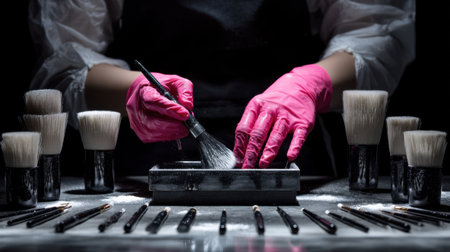 A skilled makeup artist is meticulously cleaning brushes in a stylish studio, showcasing the importance of hygiene and preparation in beauty artistry.の素材