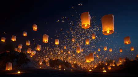 This enchanting image captures the beauty of floating lanterns illuminating the night sky, creating a serene and magical atmosphere.の素材
