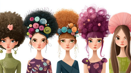 This vibrant illustration showcases five women with distinct hairstyles adorned with colorful accessories, celebrating individuality and creativity in hair fashion.の素材