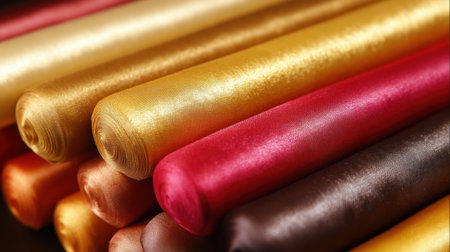 A collection of vibrant rolls of satin fabric showcasing rich hues. Ideal for fashion design, home decor, and crafting projects, these materials offer luxury and elegance.の素材
