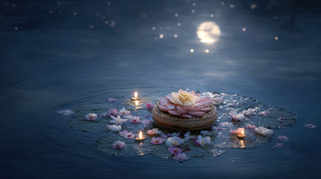 A tranquil scene of a water lily surrounded by floating candles on a still pond, illuminated softly by the moonlight. Ideal for relaxation.の素材