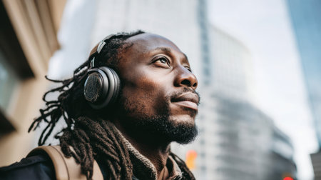 A young man with dreadlocks enjoys his music while wearing headphones, looking up thoughtfully against a vibrant city backdrop, embodying urban lifestyle.の素材