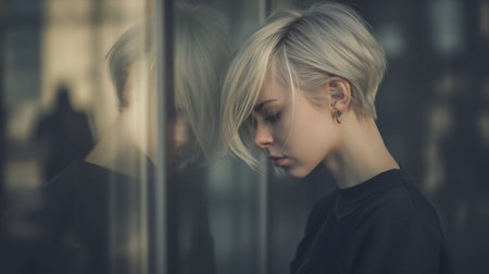 A captivating portrait of a young woman with short blonde hair, gazing thoughtfully at her reflection in glass. The soft light enhances the serene and introspective mood of the scene, creating a perfect blend of beauty and elegance in a modern urban setting.の素材