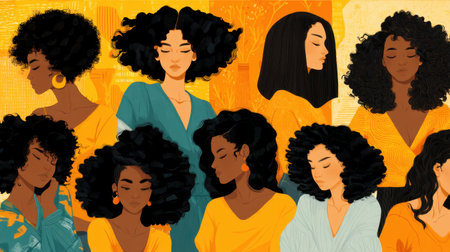 A vibrant illustration showcasing women with distinct hairstyles in warm hues, celebrating diversity, beauty, and individuality with a joyful expression.の素材