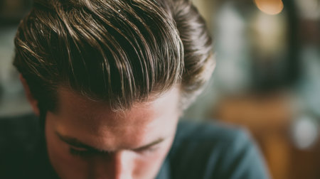 A detailed close-up of a young man with stylish hair in a contemporary cafe, creating an intimate and serene moment filled with focus and beauty.の素材