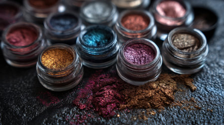 A stunning arrangement of vibrant metallic eye shadows in jars showcases an array of colors and textures, perfect for creative makeup application.の素材