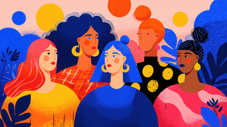 Colorful illustration featuring a group of diverse people with unique hairstyles and trendy outfits against a vibrant abstract background, symbolizing unity and creativity.の素材