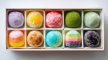 A tempting assortment of Japanese rice cakes, also known as mochi, featuring a variety of flavors and textures neatly arranged in a white box.の素材