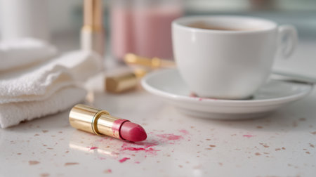 A visually appealing composition featuring a pink lipstick beside a coffee cup on a marble countertop. Ideal for beauty and lifestyle themes.の素材