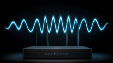 A sleek modern wireless router sits against a dark background, with blue signal waves emanating from its antennas, symbolizing connectivity.の素材