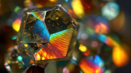 This stunning close-up photo showcases a crystal reflecting a captivating array of rainbow colors and intricate textures, showcasing the beauty of nature's formations.の素材