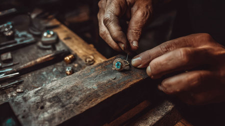 A skilled artisan is focused on crafting a beautiful turquoise ring, showcasing meticulous attention to detail amid an inviting workshop atmosphere.の素材