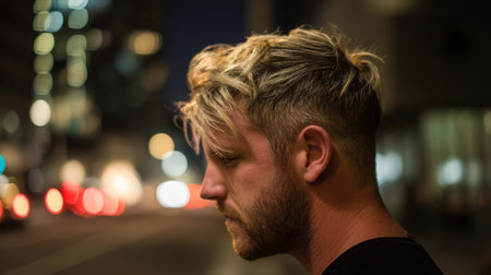 A captivating profile shot of a young man with stylish blonde hair, set against a blurred urban nighttime backdrop that conveys a deep emotional moment.の素材