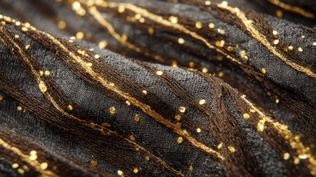 This close-up image features an intricate black fabric adorned with shimmering golden embroidery, showcasing an elegant texture ideal for fashion and decor.の素材