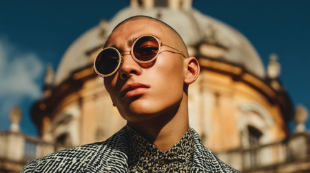 A confident young man stands stylishly in round sunglasses with a historical building in the background, showcasing modern fashion.の素材