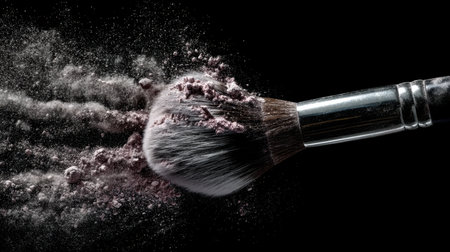 A dynamic shot featuring a makeup brush dispersing loose powder against a stark black background. The image captures the artistry and movement inherent in makeup application, highlighting texture and detail.の素材