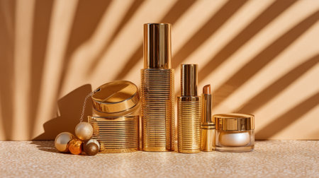 An elegant arrangement of luxurious golden skincare and cosmetic products capturing the essence of beauty and design. Enhanced by shadows.の素材