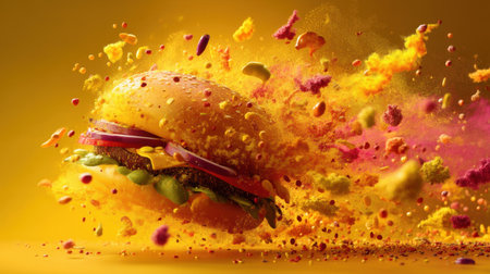A stunning image of a vibrant burger bursting with color, featuring unique ingredients and a playful explosion of flavors against a bright backdrop.の素材