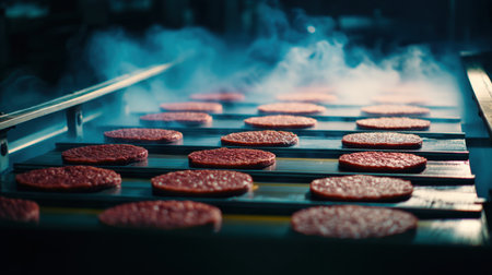 A visual representation of freshly cooked burger patties resting on a grill, with steam rising, capturing the essence of culinary preparation in a commercial kitchen setting.の素材