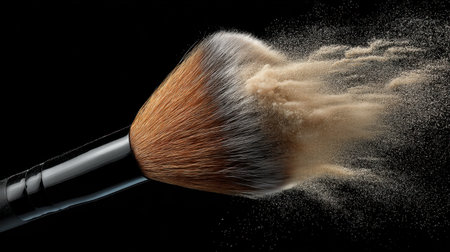 A mesmerizing close-up image of a makeup brush releasing a cloud of powder on a dark background, showcasing beauty and artistry in cosmetics.の素材
