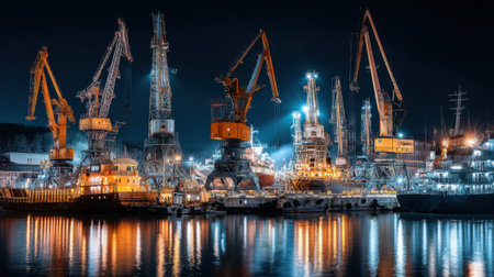 A vibrant nighttime port scene featuring tall cranes and ships lit up against a dark sky, reflecting beautifully in calm water, showcasing industrial activity.の素材