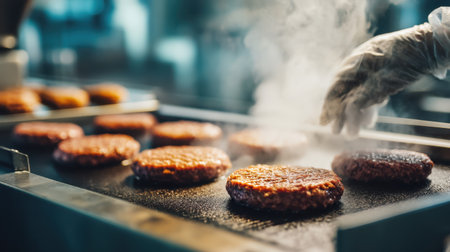 Experience the art of burger cooking in a bustling kitchen. Juicy patties sizzle on the grill, surrounded by aromatic steam and sizzling sounds.の素材