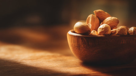A detailed close-up of fresh raw peanuts in a natural wooden bowl, showcasing the rich textures and warm colors against a rustic wooden surface with soft natural lighting.の素材