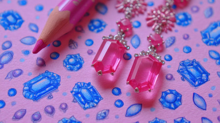 Discover a beautiful composition featuring pink gemstone earrings alongside a colored pencil, set against a hand-drawn jewelry design background.の素材