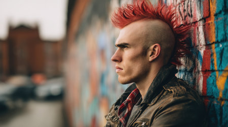 Captured in an urban setting, this portrait features a young man with a striking mohawk hairstyle and a confident expression, leaning against a colorful graffiti wall. The shot highlights individuality and bold fashion in a vibrant city environment.の素材