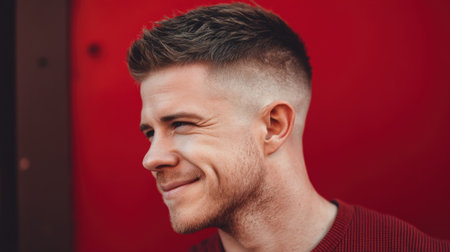 A young man displaying a confident smile, showcasing a modern haircut against a bold red backdrop. A perfect representation of urban lifestyle and contemporary fashion.の素材