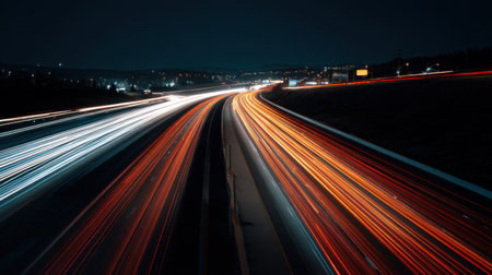 Stunning long exposure photograph capturing the vibrant light trails of highway traffic at night, highlighting motion and energy in an urban landscape.の素材