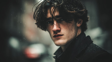 This evocative portrait captures a young man in a rain-soaked urban environment, highlighting his intense expression and unique style, perfect for conveying deep emotions.の素材