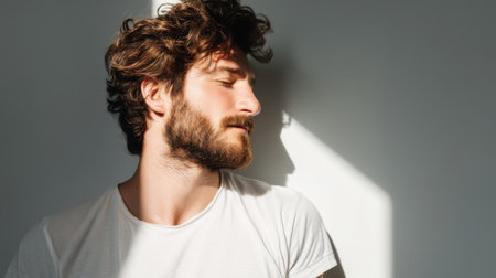This captivating portrait features a thoughtful man with curly hair and a well-groomed beard, softly illuminated by natural light. The serene expression and minimalistic backdrop create a peaceful atmosphere.の素材