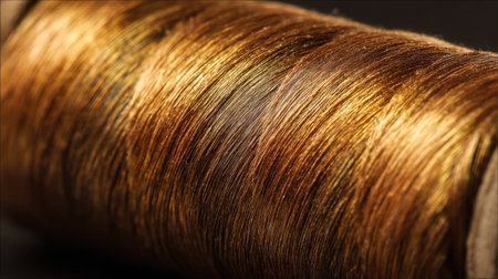 Captivating close-up image of metallic thread in warm shades of copper and gold, resting on a wooden spool, ideal for textile projects.の素材