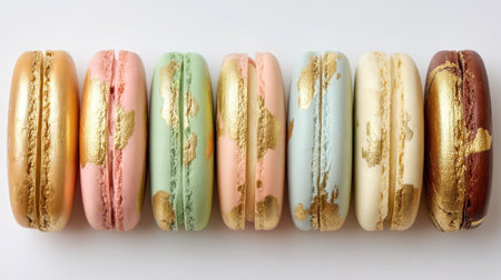 A stunning row of colorful macarons featuring luxurious gold accents, perfect for enhancing dessert tables or celebratory events.の素材
