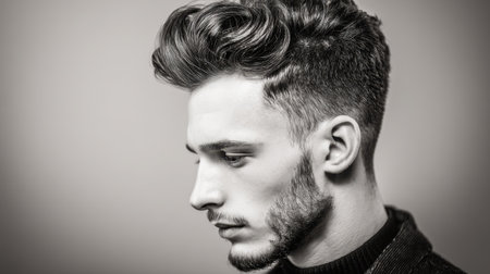 This striking black-and-white portrait features a young man showcasing a trendy hairstyle, exuding confidence and style with a serene expression.の素材