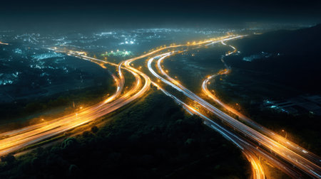 Captivating aerial view of highways illuminated at night, showcasing light trails and a bustling urban environment filled with energy.の素材