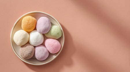 A visually appealing assortment of colorful mochi desserts displayed on a simplistic plate. The pastel hues and soft texture invite an enjoyable culinary experience, perfect for any dessert lover.の素材