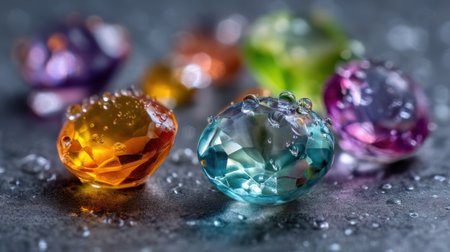 This stunning image captures colorful gemstones adorned with droplets, reflecting light against a textured gray background, creating a vibrant visual display.の素材