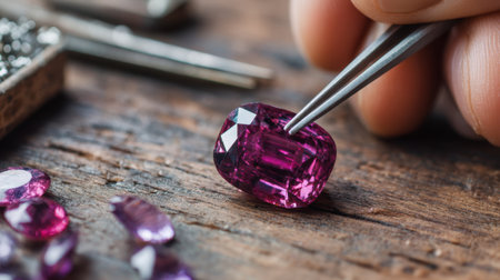 A close-up image showcasing a hand delicately holding tweezers with a stunning pink gemstone, surrounded by other gems and tools on a wooden table.の素材
