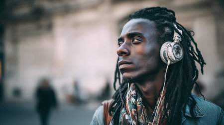 A young man wearing headphones stands in an urban setting, lost in thought while listening to music. His relaxed demeanor captures creativity and reflection.の素材