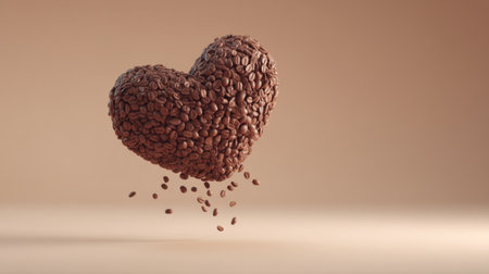 A captivating heart shaped arrangement of coffee beans hovers against a soft beige background, symbolizing love and passion for coffee. The image captures falling coffee beans, enhancing the sense of freshness and aroma, perfect for food and beverage themes.の素材