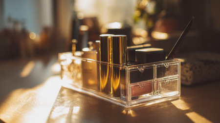 A stylish clear makeup organizer filled with various beauty products, gently illuminated by warm morning sunlight, creating an inviting atmosphere.の素材