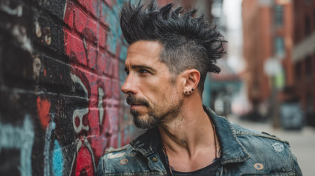 A striking urban portrait of a man with a spiky hairstyle dressed in a stylish jacket, set against a vibrant graffiti wall in a bustling city.の素材